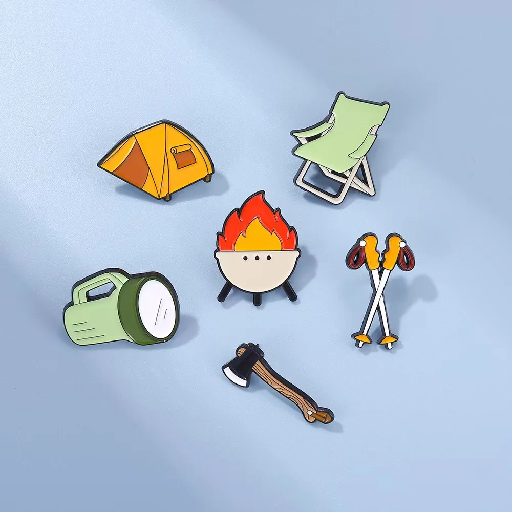 Camping Picnic Series Enamel Pin Tent Stove Torch Axe On Backpack Brooches Lapel Badge Gift For Friends Jewely Free Shipping