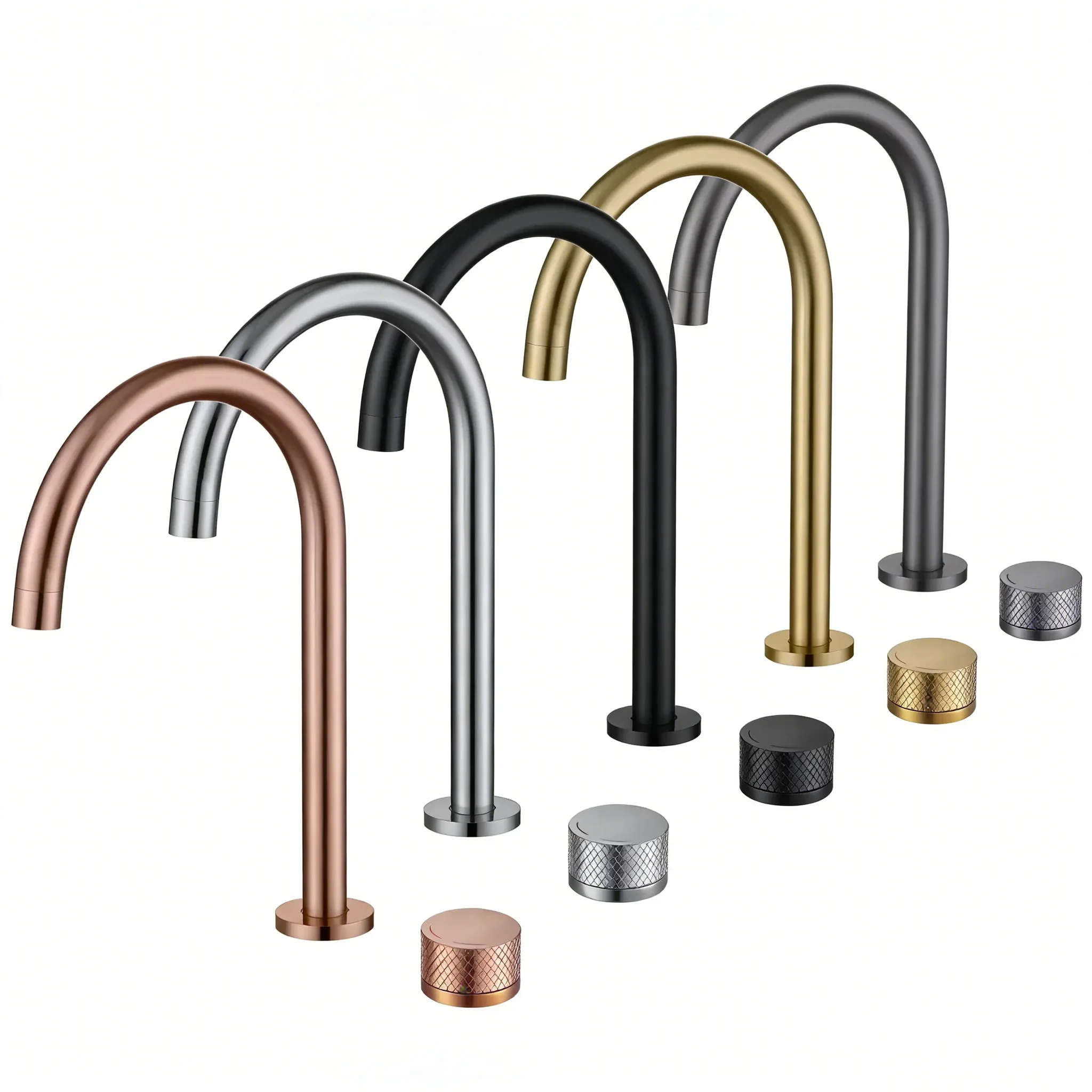 

Two Holes Widerspread Brass Basin faucet 360 Rotating Spout Deck Mounted Knurled Switch Sink Tap Hot and Cold Mixer