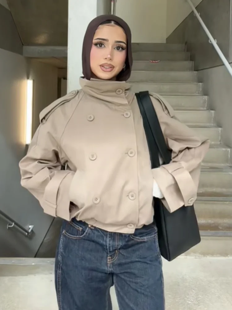 Retro Khaki High Neck Cropped Trench Coat Women Loose Double Breasted Epaulet Design Jacket 2026 Autumn Daily Casual Outerwear