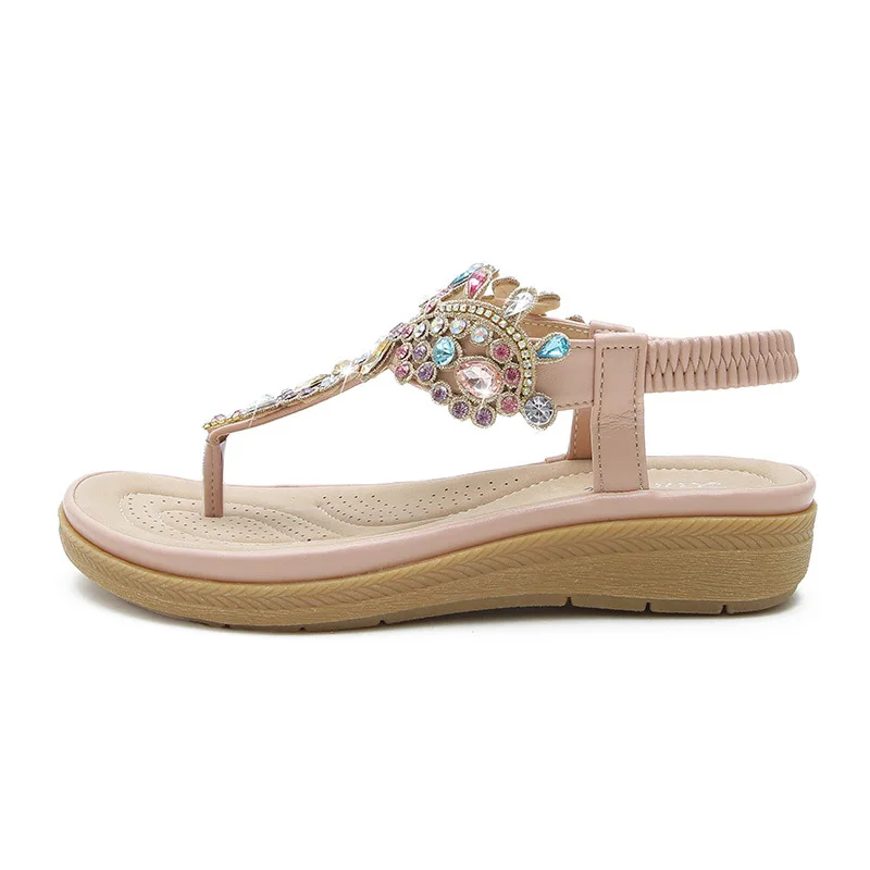 Plus Size 36-41 Shoes for Women Summer New Round Toe Flip Flops Fashion Rhinestone Ladies Sandals Roman Crystal Platform Elastic