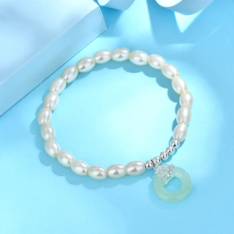 

PANJBJ 925 Sterling Silver Imitation Pearls Bracelet for Women Hotan Jade Sweet Romantic Elastic Jewelry Gift Dropshipping