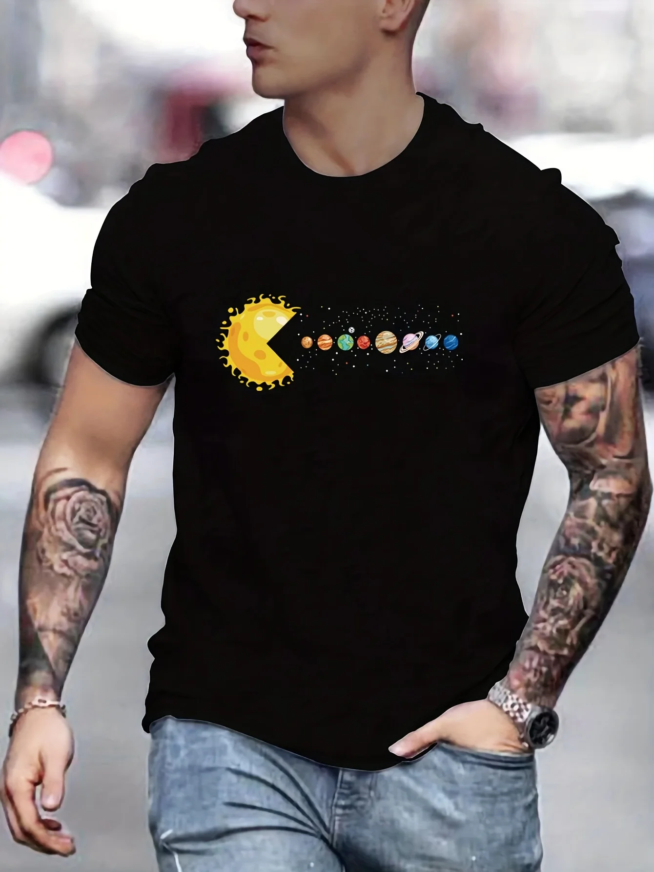 Solar System Planets Print Tees For Men, Casual Quick Drying Breathable T-Shirt, Short Sleeve T-shirt For Running Training