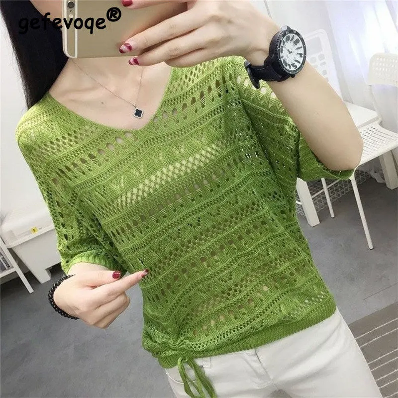 Summer Fashion Women\'s Sexy V Neck Hollow Out Bat Sleeve Knitwear Casual Loose Solid All Match Pullover Knit Smock Top Sweater