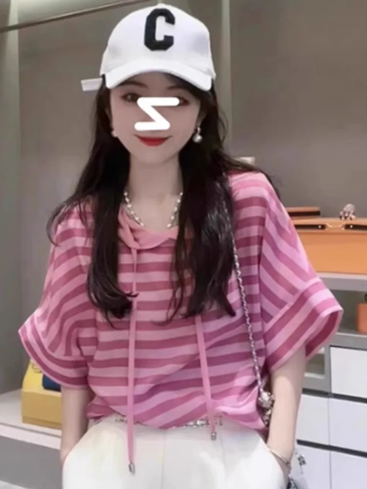 

Корейская роскошная футболка с капюшоном и завязками, в полоску, с цветовыми блоками, модная, универсальная, с открытыми плечами, для женщин