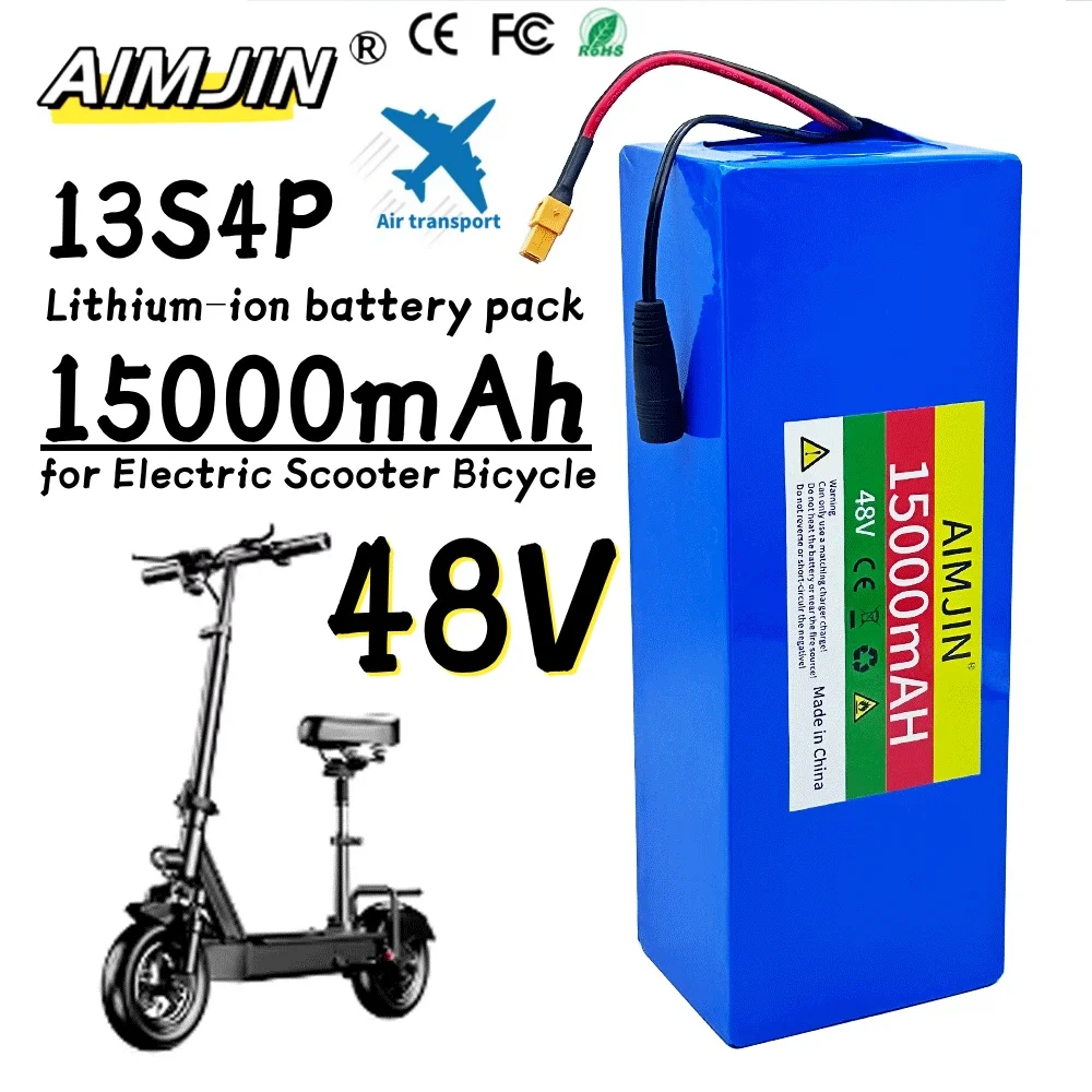 New 13S4P 48V 15000mAh 18650 Lithium Battery Pack,for Electric Scooter Bicycle Li-ion Replacement Batteries with BMS