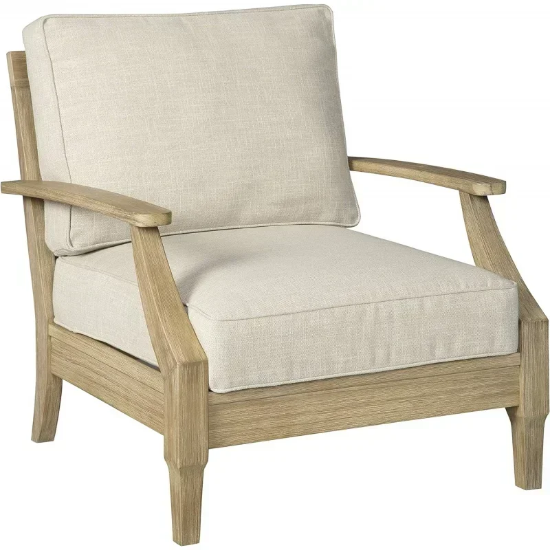 Signature Design by  Outdoor Eucalyptus Wood Single Cushioned Lounge Chair, Beige