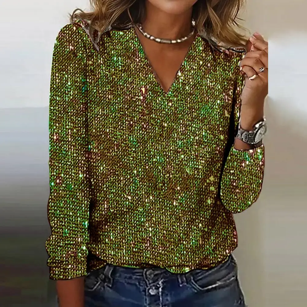 Blusa feminina elegante lantejoulas decote em v blusa de manga longa pulôver macio para mulheres respirável commute clube festa camisa confortável