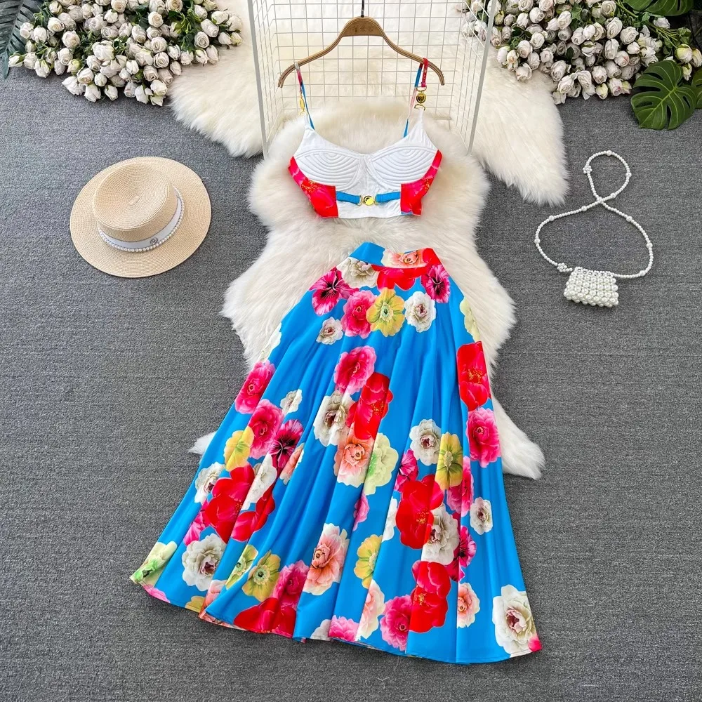 Runway Floral Two-piece Set For Women Summer Sexy Crop Tops Print A Line Maxi Long Skirts Suits Beach Outfits