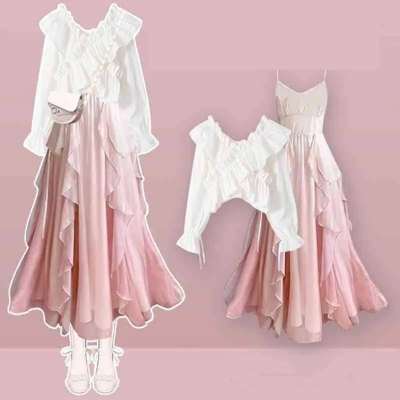 

Women 2025 Autumn Winter New In Sexy Dress Matching Set Korean Elegnat Short V-Neck Long Sleeve Shirt +Strap Skirt 2-Piece Suit