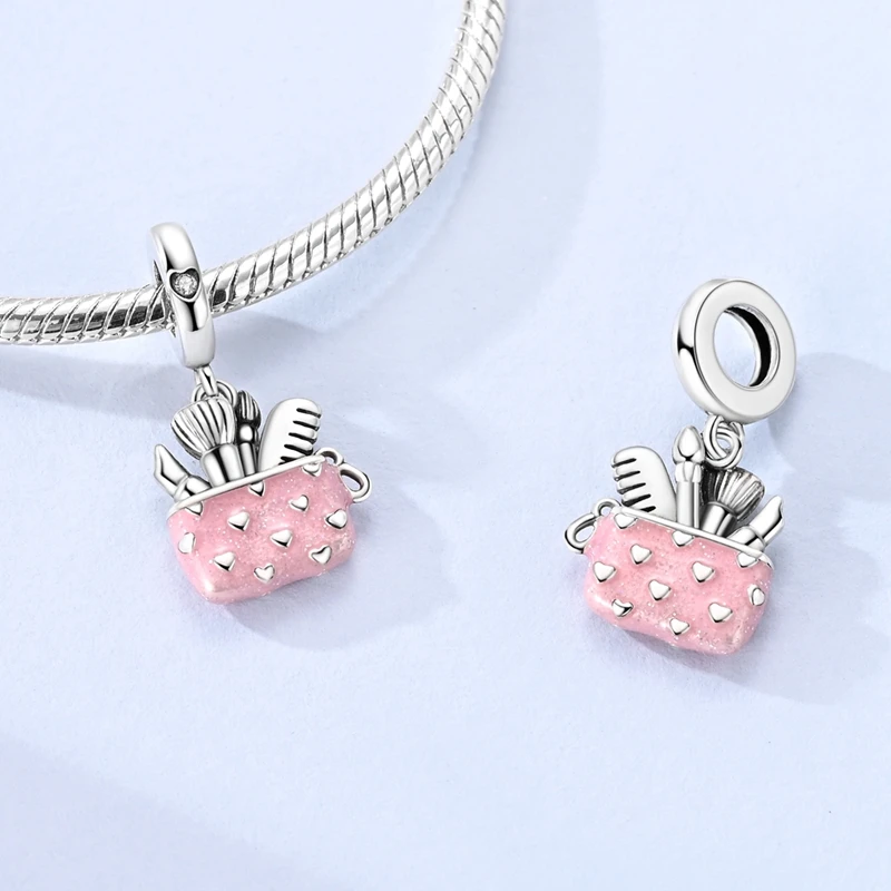 S925 Sterling Silver Pink Makeup Bag Dangle Charm Heart Cosmetic Brushes Lipstick Comb Pendant Fit Bracelets Jewelry Gift