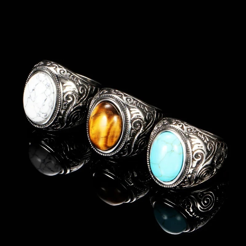 316L Stainless Steel Natural Stone Ring For Men Women Vintage Jewelry Tiger Eyes Stone Rings Finger Accessory