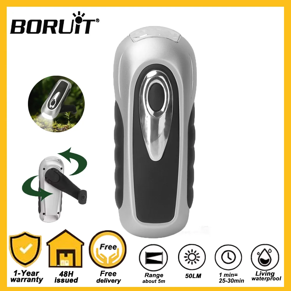 

BORUiT светодиодный фонарик с рукояткой, аварийный фонарь на солнечной энергии, динамо-фонарь для кемпинга, пешего туризма, выживания, дальнего действия