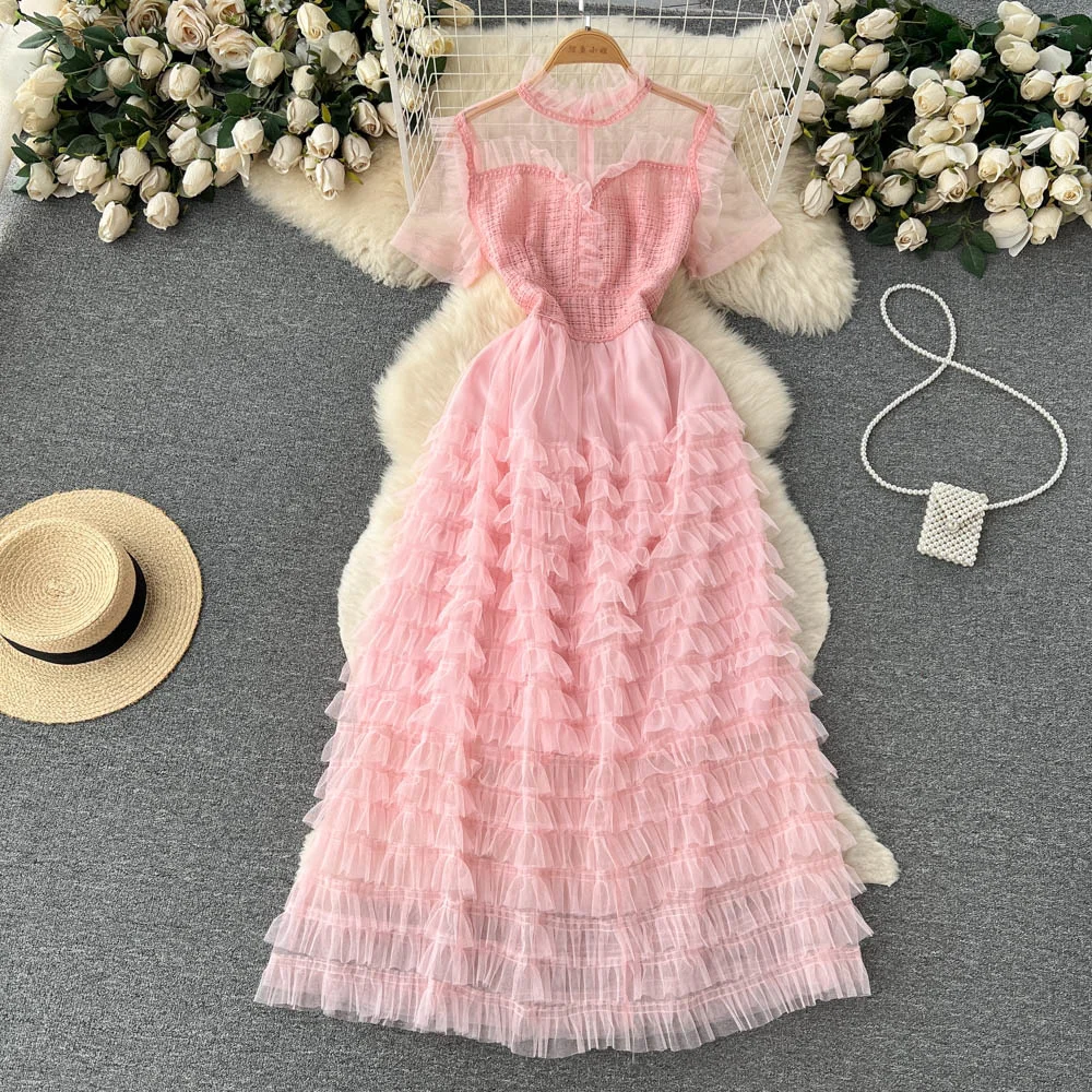 

ssTss Elegant Women Sweet Summer Dress Sexy See Through Mesh Patchwork Short Sleeve High Waist Ruffles A-Line Maxi Dresses