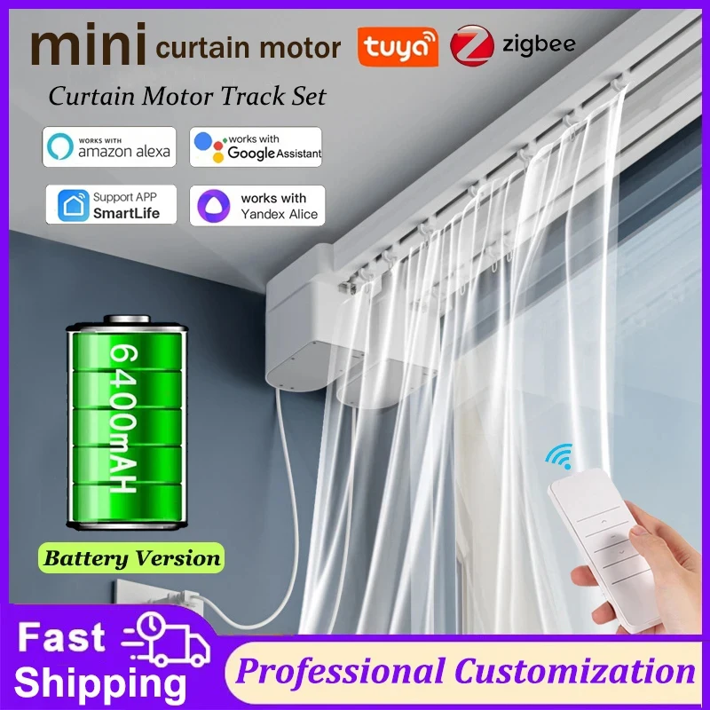 

Battery Version 6400mAh Tuya Zigbee Electric Smart mini Curtain Motor RF Remote Intelligent Track Support Alexa Google Assistant