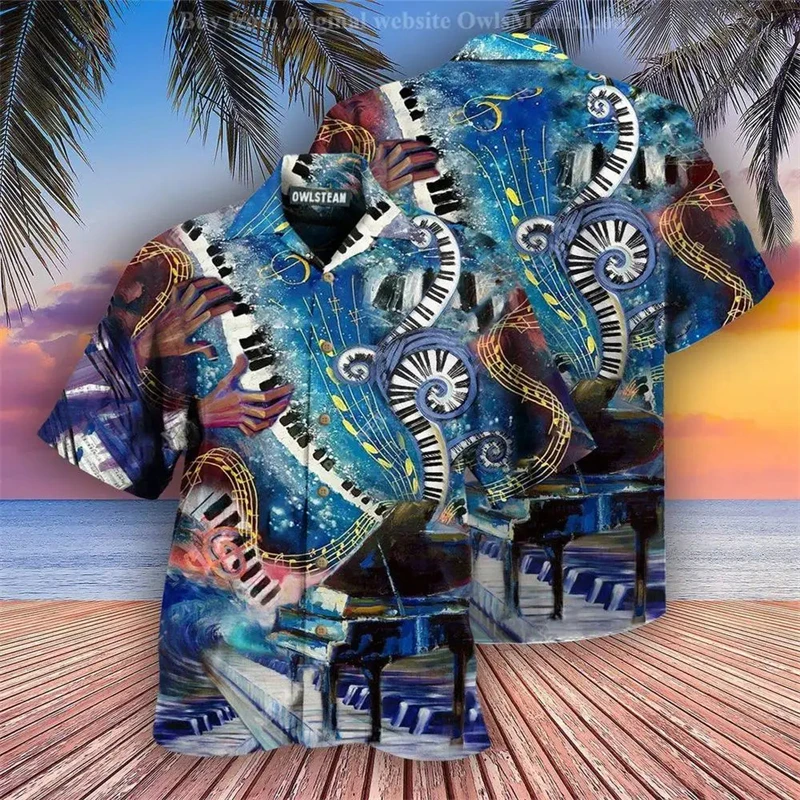 3d Print Instrument Piano Guitar Trendy Fashion Hawaiian Shirt Beach Party Blouse Short Sleeve Lapel Men Clothing Oversized Tops