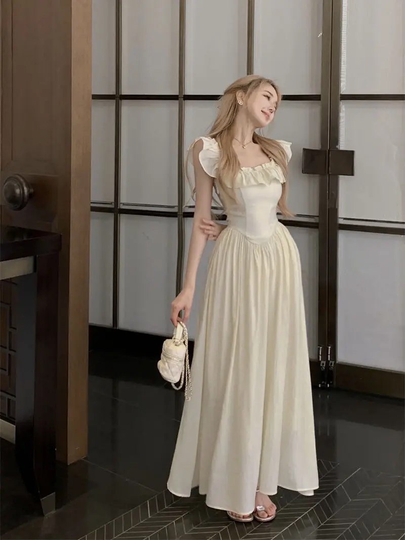 

Sweet Backless Ruffled Sleeve Floral Dress Summer New Elegant Waist Slim A-Line Long Dress