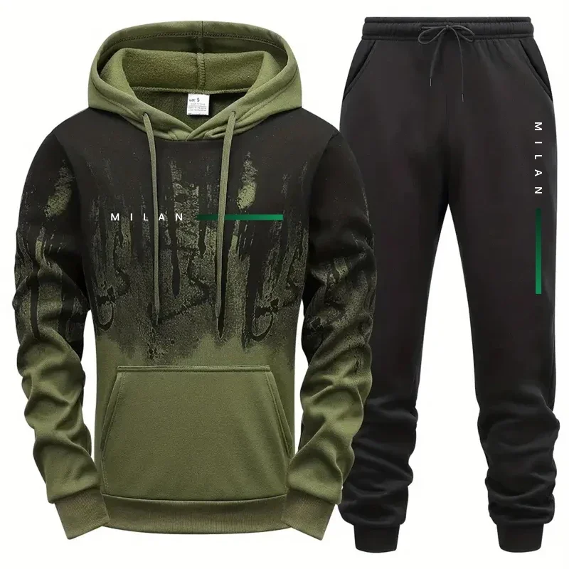 Nowy męski dres z nadrukiem w stylu splash-ink, bluza z kapturem, odzież męska do fitnessu, sportu, joggingu, pojedyncze elementy odzieżowe, topy, spodnie