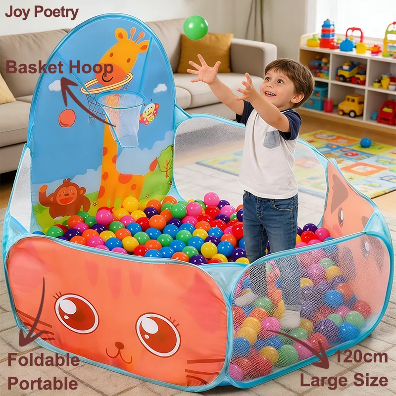 120 cm Kinder-Ballbecken mit Basketballkorb, tragbar, faltbar, Kinder-Laufstall, Spielplatz, Zelt, Baby, drinnen und draußen, Sport, Bildung