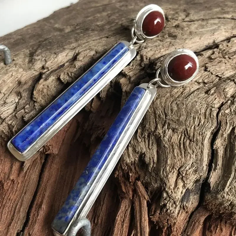 Ethnic Style Long Vertical Lapis Lazuli Drop Earrings Vintage Jewelry Handmade Round Red Stone Pendant Earrings for Women