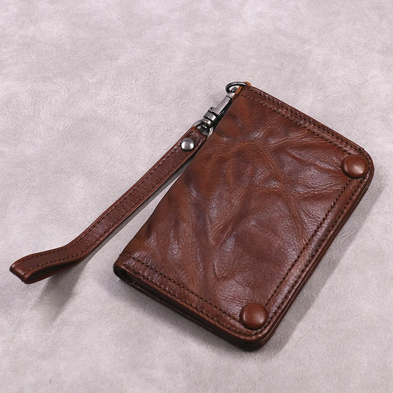 Genuine Leather Wallet For Men Retro Wrinkled Cowhide Short Bifold Purse Card Holder Women With Zipper Coin Pocket Wrist Strap