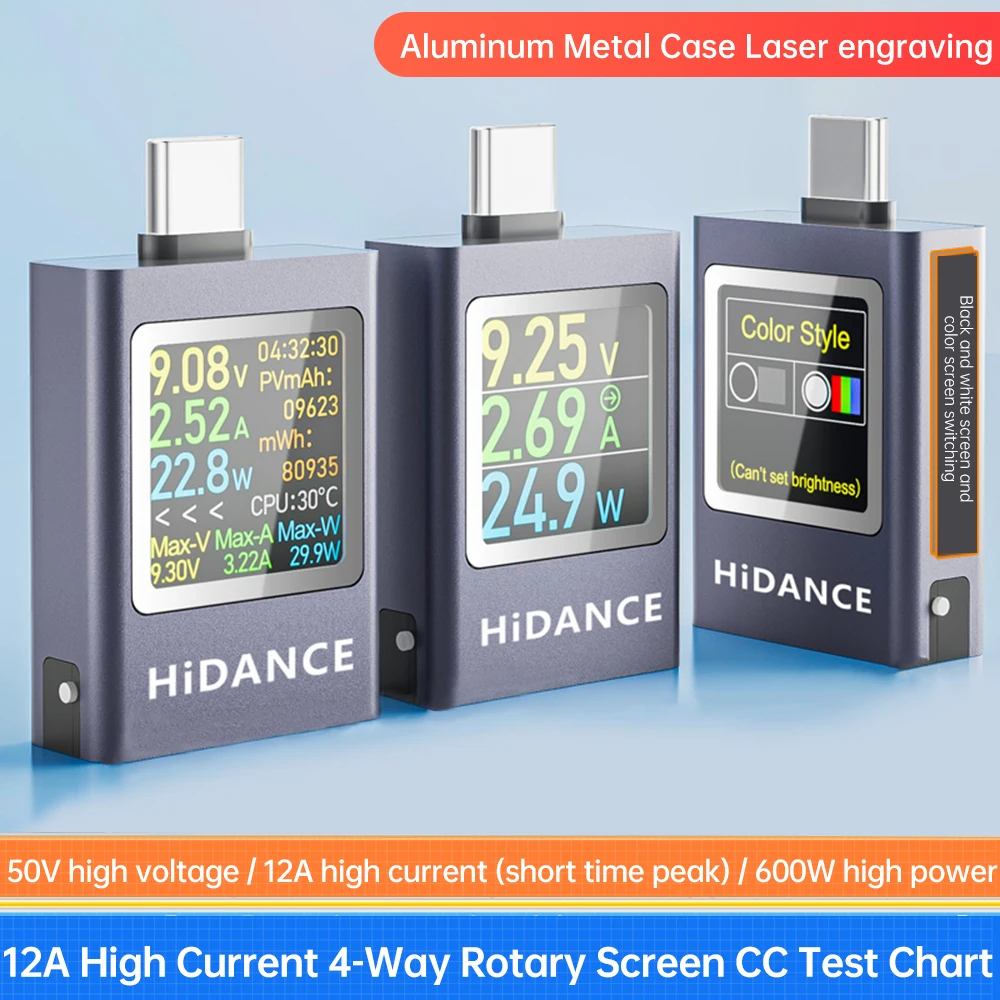 DC 4.5-50V 0-12A  Digital Display DC Voltage Ammeter Power Meter Type-c Cell Phone Charging Tester Support PD3.1