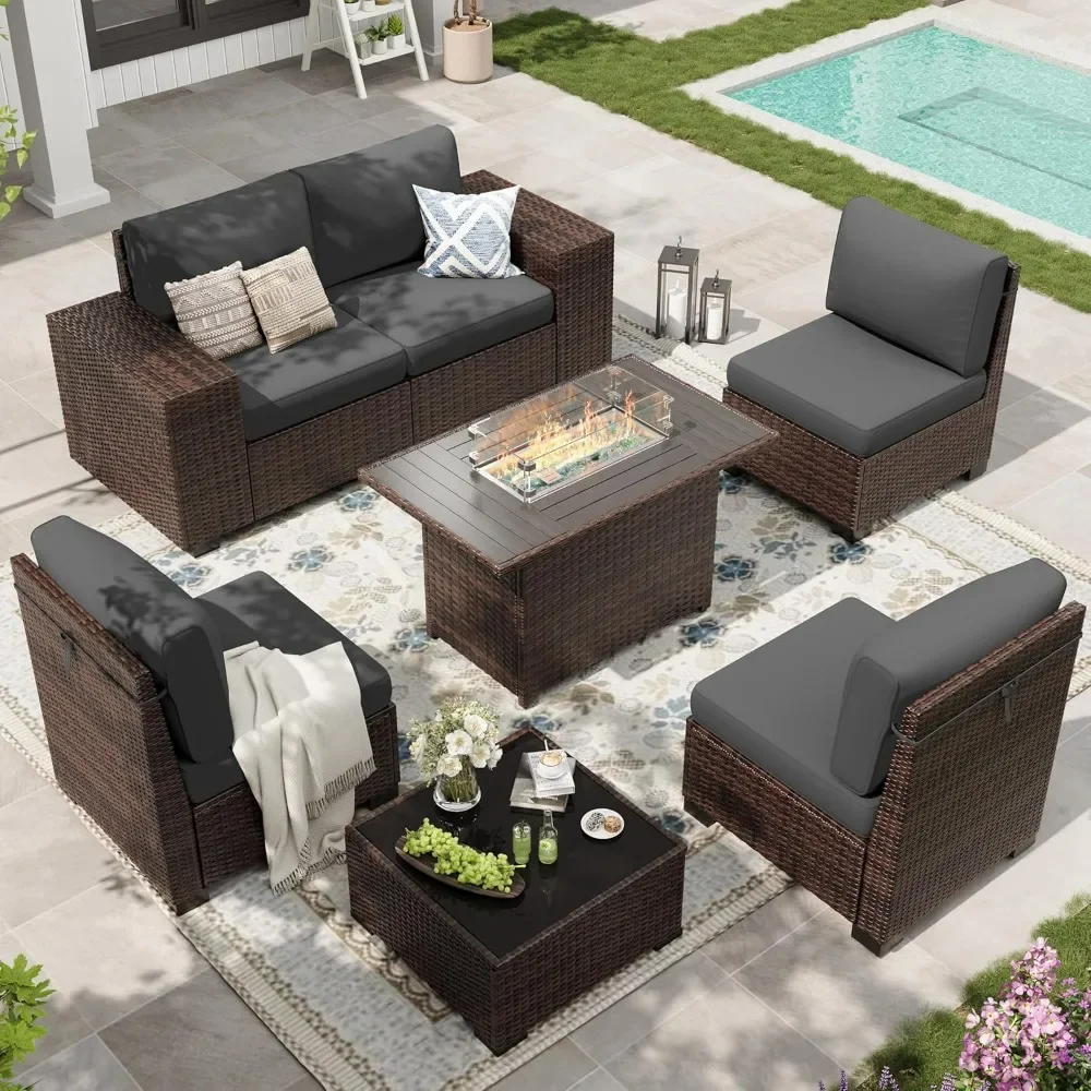 

Outdoor Sectional Furniture Set with Fire Pit Table, 7-Piece Brown Rattan Wicker Conversation Sofa Set for Porch Garden Backyard