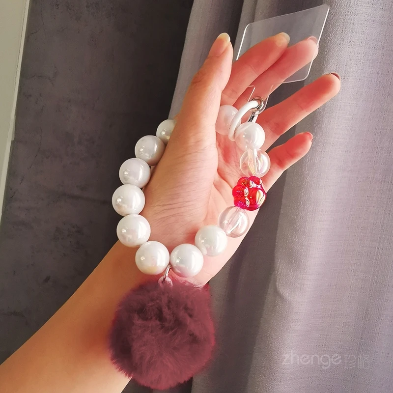 Mobile Phone Lanyard Velvet Bead String Pearl Bracelet Elastic Stretchable Cat Palm White Bead Hair Ball Short Wrist Phone Strap