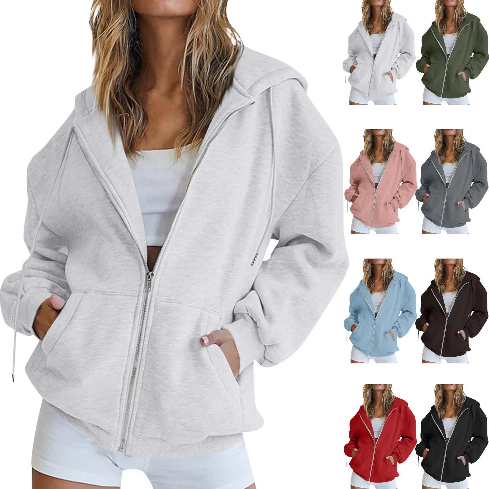 2024 Women New Zipper Loose Hoodies Fashion Long Sleeve Hooded Sweatshirt Hot Sale Casual Autumn Winter Sportwear Solid Clothes