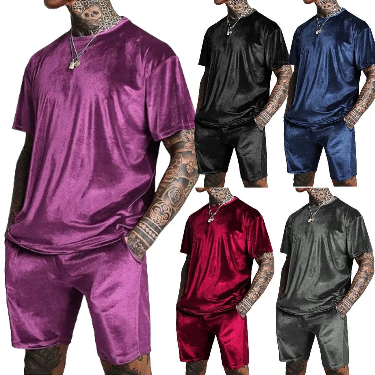 

2025 New style men's casual two-piece set, spring and summer high quality canary loose round neck sports short sleeve shorts set