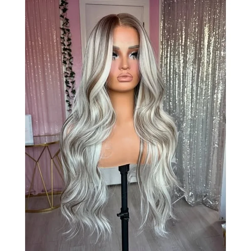 Balayage Ash Brown Platinum Blond Highlight Human Hair Lace Front Wigs