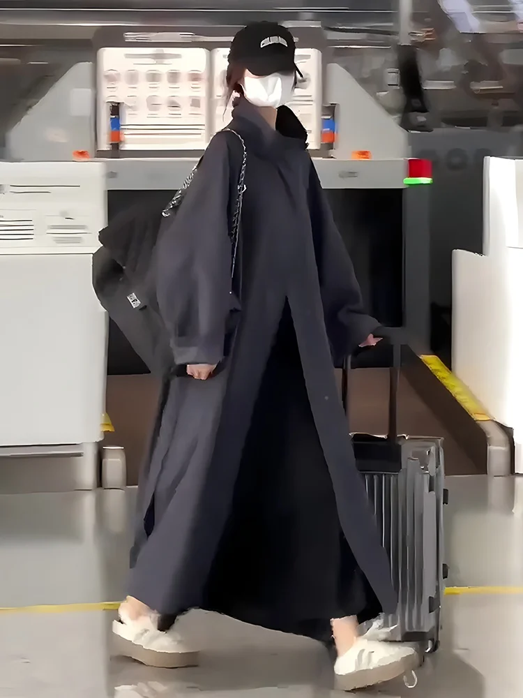 

Женское повседневное свободное длинное пальто в корейском стиле для весны, осени и зимы, модное, удобное, с воротником-стойкой, на пуговицах