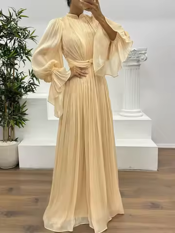 Casual Flared Sleeve Silk Gowns Evening Dress Women Fashion Waist Solid Party Dress Elegant Temperament Stand Collar Long Dress