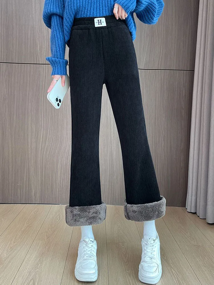 Winter Warm Slim Solid Flare Pants Women Elastic High Waist Fleece Lined Wide Leg Pantalones Casual Snow Wear Thicken Calca New