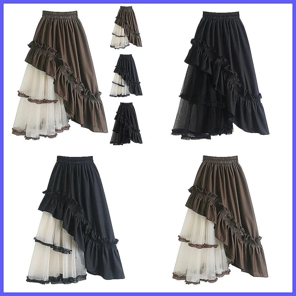 Women's Sexy Mesh Ruffle Skirt High Elastic Waist A-Line Pleated Midi Skirt