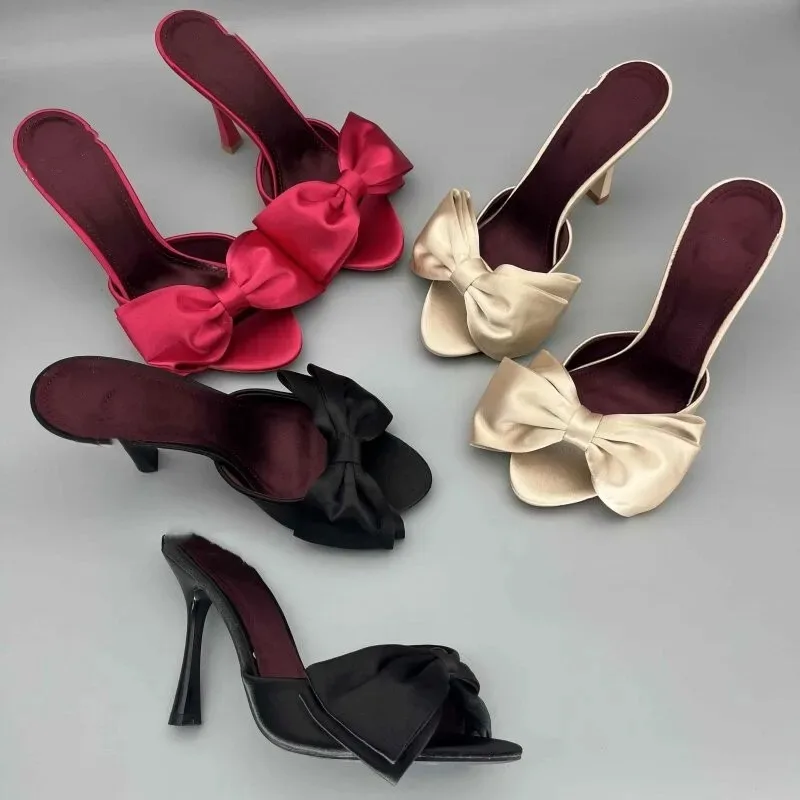 Niche Bow High-heeled Slippers French Cool Drag Half Slippers New High-heeled Sandals for Women Summer Wear