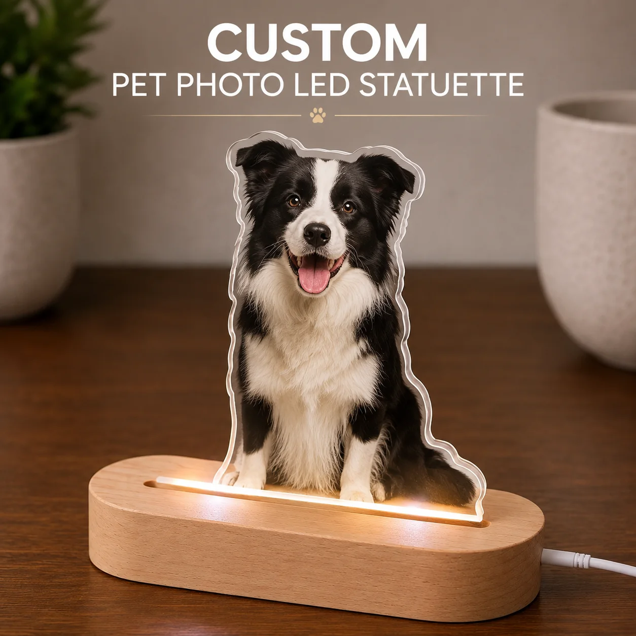 Custom Pet Photo Memorial Gift Acrylic Cut‑out Lamp Personalized Dog Portrait LED Night Light With Wooden Base Pet Loss Sympathy