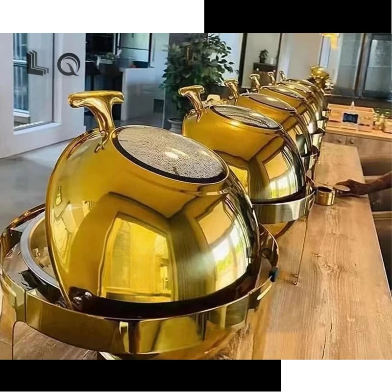 Europe 6L Kitchen Round Roll Top Gold Buffet Hot Pot Hotel Hot Pot Catering Stainless Steel Food Heater
