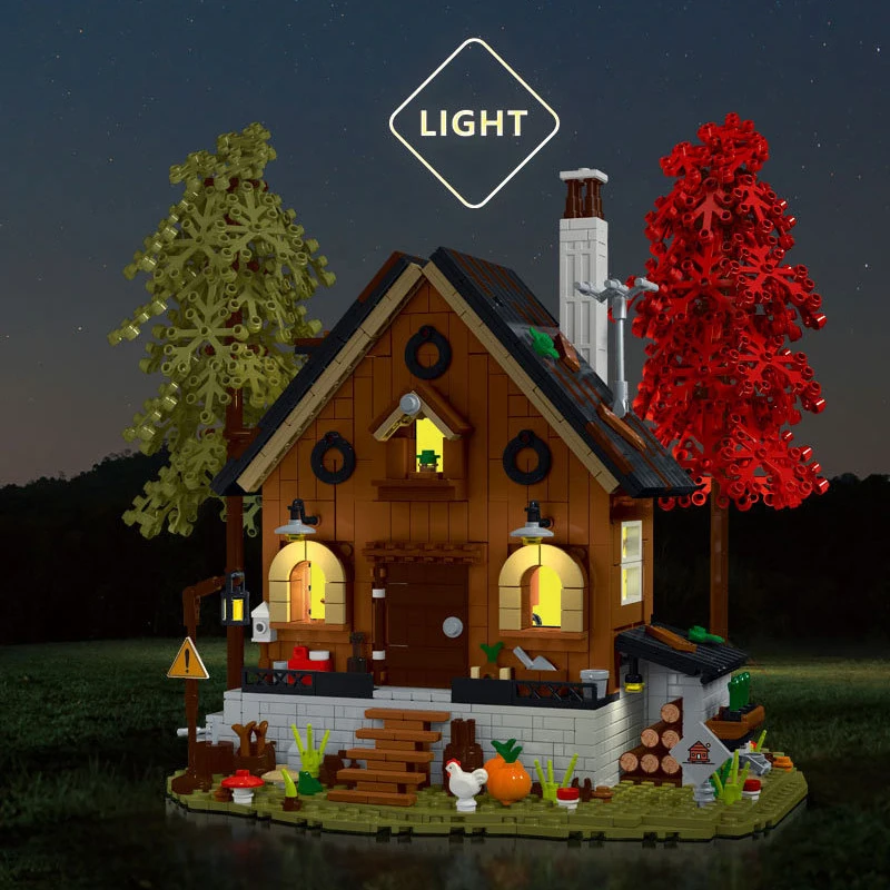 XMork 031072 Forest hut log cabin Model Modular Street View Series LED Lighting DIY Toys Building Blocks Boy's Gift 1643Pcs