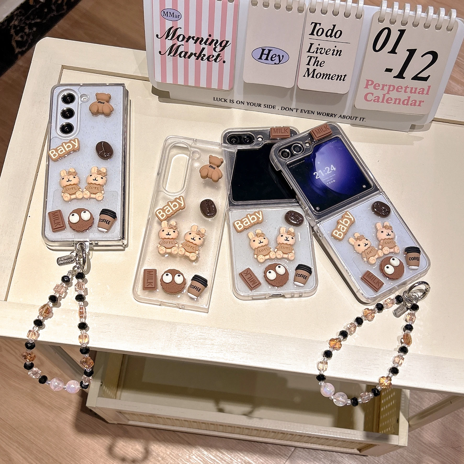 Cartoon Cute 3D Milk Coffee Cute Rabbit With Bracelet Lanyard Phone Case For Samsung Z Flip5 4 3 6 7 Shockproof Back Phone Cover