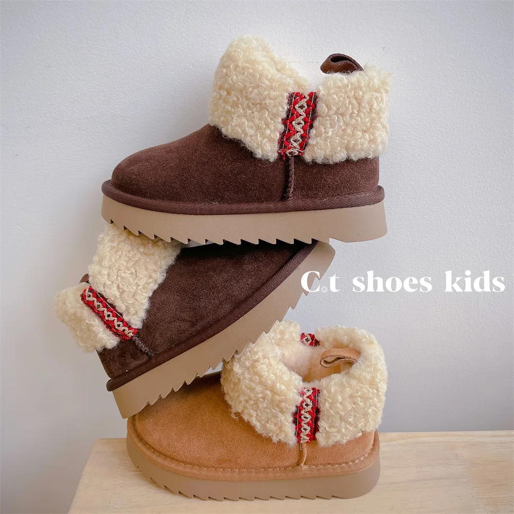 Kid's Classic Fur Snow Boots Children Genuine Suede Leather Shorts Boot Shoes Girl Mini Fashion Chestnut Keep Warm Cotton Boots