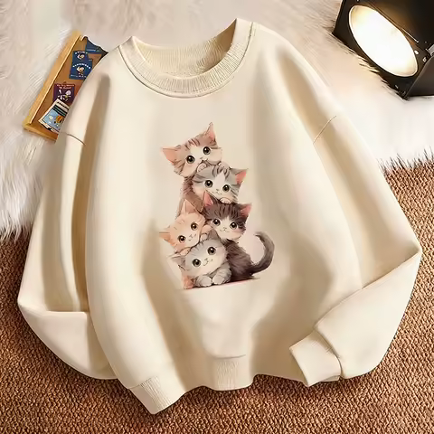 Pullover Funny Children's Sweatshirt Pullover Spring Lovely Cat Crew Neck Graphic Print Hoodie Boy/Girl Kids Hoody