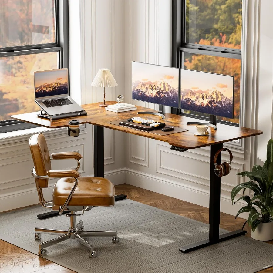 71 Inch L Shaped Adjustable Height Electric Standing Desk for Home Office and Workstation Sit Stand Computer Table with Reversi