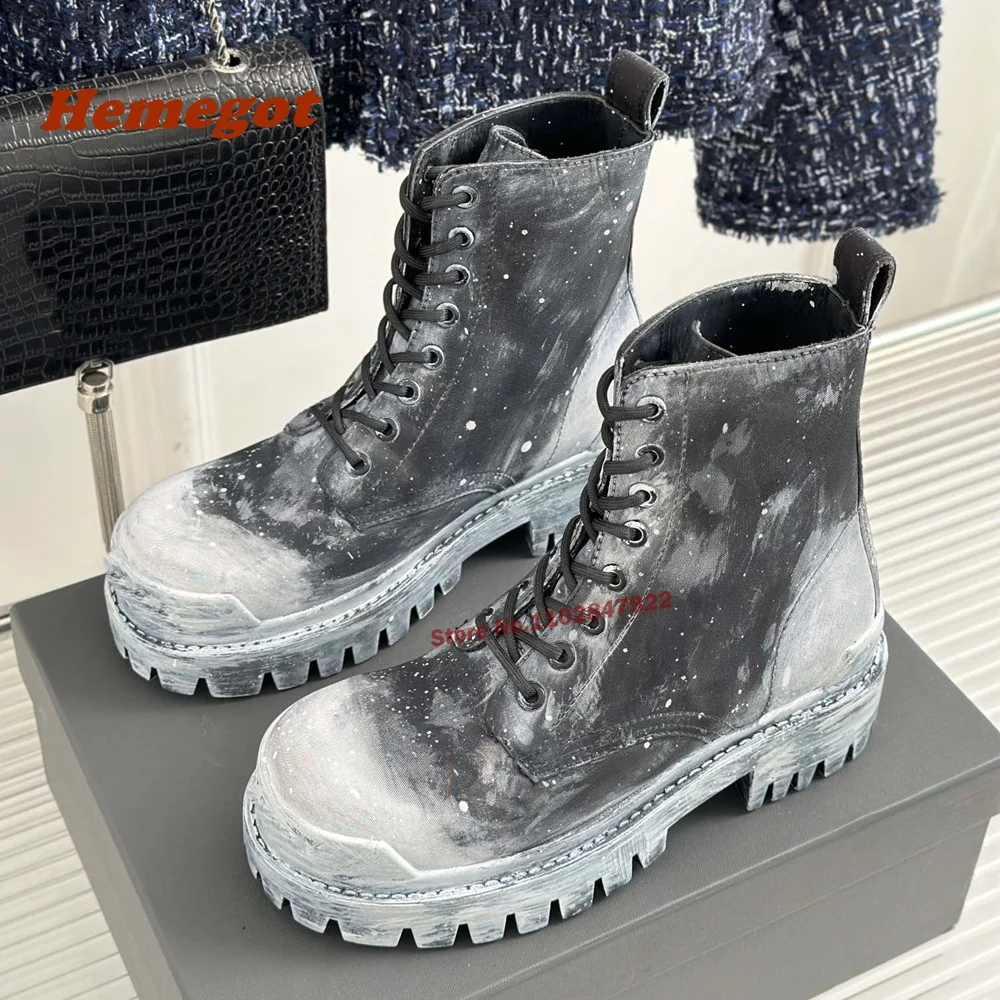 Paint-Splatter Boots In Black Round Toe Height Increasing Women's Boots Punk Lace Up Genuine Leather Knight Boots Winter Female