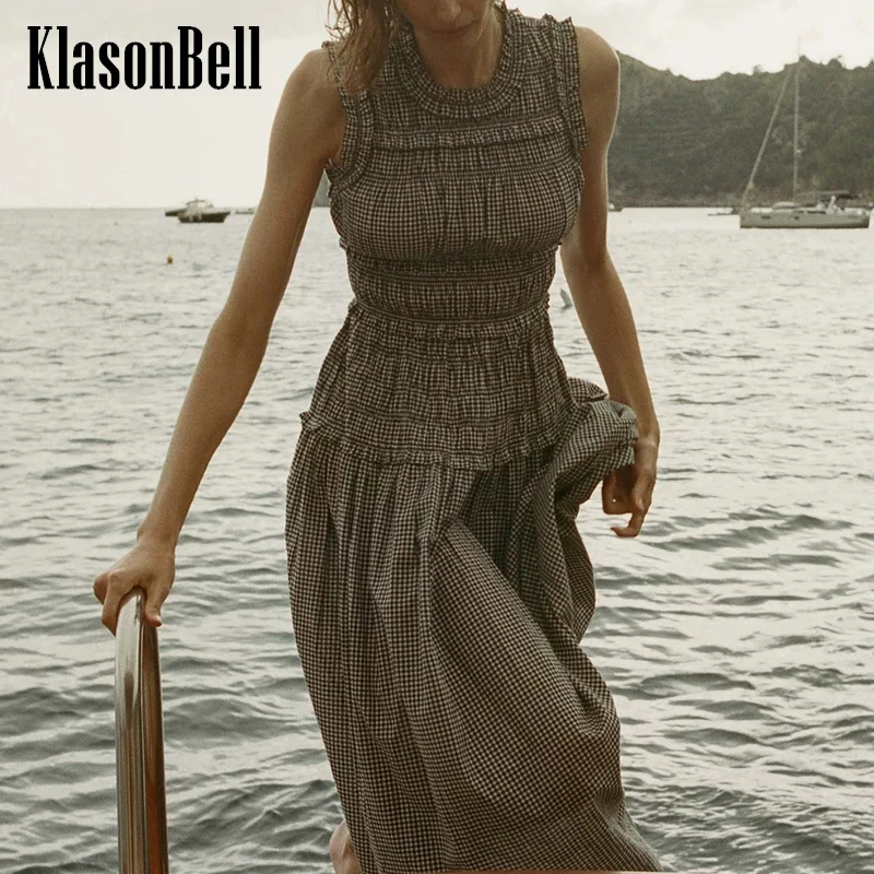 

5.24 KlasonBell Fashion Vintage Plaid Print Dress Ruffle O-Neck Sleeveless Collect Waist Mid-Length Beach Holiday Dress