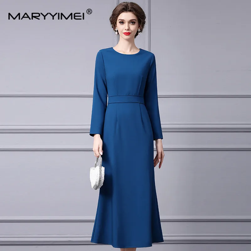 MARYYIMEI New Fashion Runway Designer Women\'s Round Neck Long Sleeves Minimalism Temperament Commuter Style Closed Waist Dress