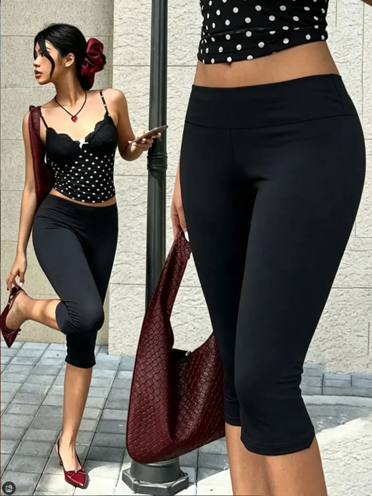 Womens Y2K High Waist Capri Pants Slim Fit Tummy Control Yoga Leggings Soft Fabric Comfortable Clothing Show Elegant Body Curves