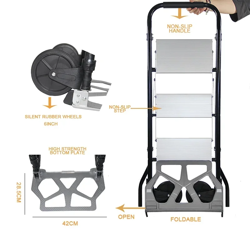 Carrinho dobrável com escada 2 em 1 com 3 degraus de largura antiderrapante carrega carrinho de aço portátil de alumínio