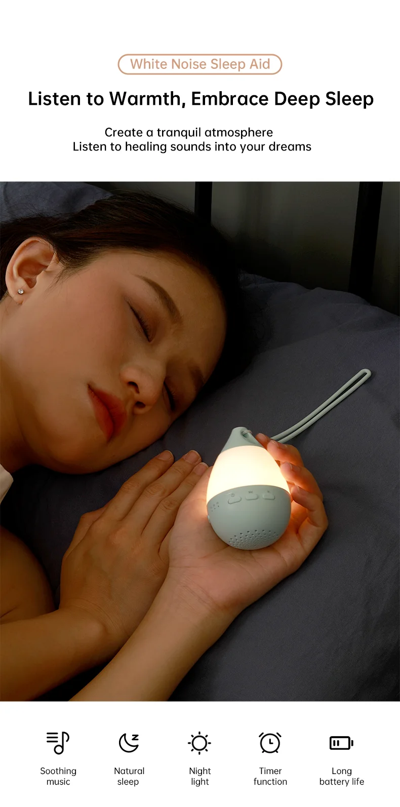 

Portable White Noise Sleep Aid Machine, 26 Tracks & Bluetooth Speaker, Breathing Light + Night Light, Detachable Hook
