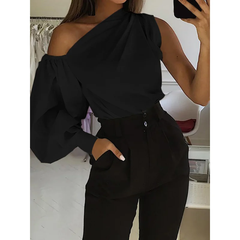 Celmia Asymmetrical Blouse Women 2023 Summer Off Shoulder Blusas Elegant Lantern Long Sleeve Shirt Fashion Ladies Party Tops