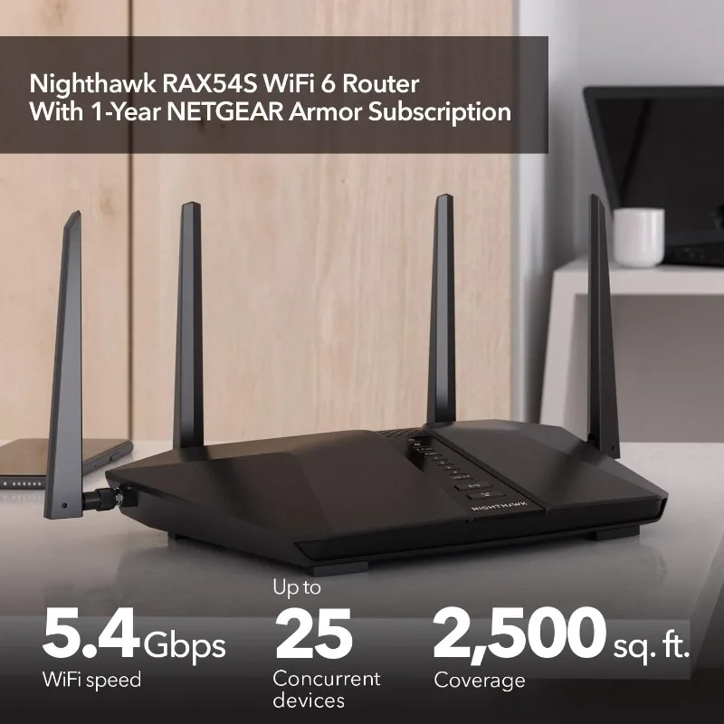 Nighthawk WiFi 6 Router (RAX54S) 6-Stream AX5400 5.4 Gbps - Dual Band Gigabit Wireless Internet Router - NETGEAR Armor Included